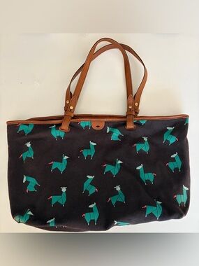 Fossil Canvas Tote Bag with Origami Llama Print and Brown Leather Trim